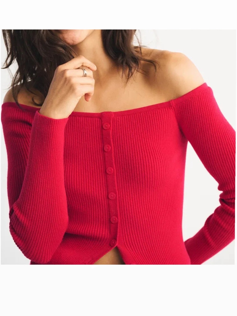 Abercrombie & Fitch Off-the-Shoulder Ribbed Button-Front Sweater - Red